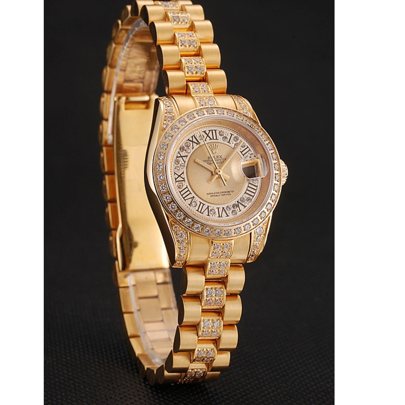 Aaa replica Rolex DayJust Pave Diamond Dial Gold Diamond 1453953 Gold Bracelet Swiss 0705